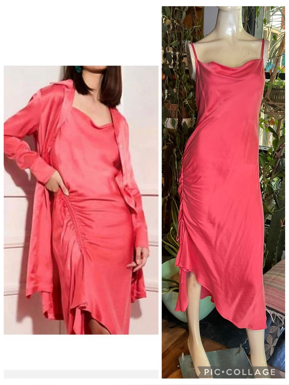 R.G. Kane Rose Pink Cupro Satin Slip Dress Cowl Neckline Ruched Size Small